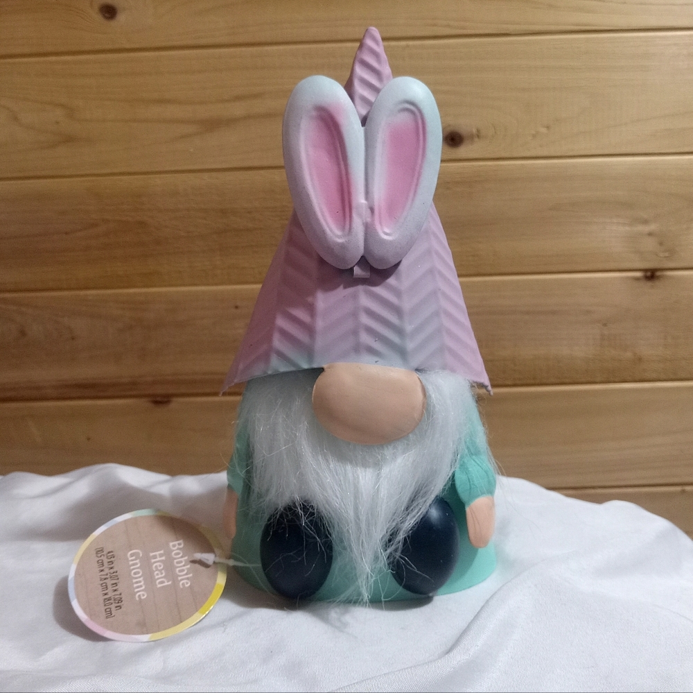 Pastel easter bunny Gnome metal bobblehead decor teal and pink 7.5"